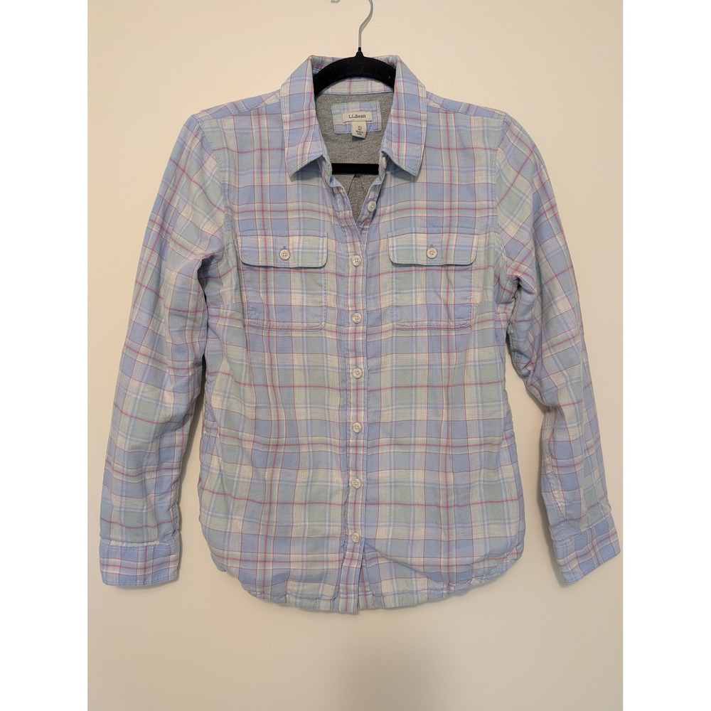 LL Bean Flannel Lined Plaid Shirt Womens XS Blue Pink Cotton Shacket 290385